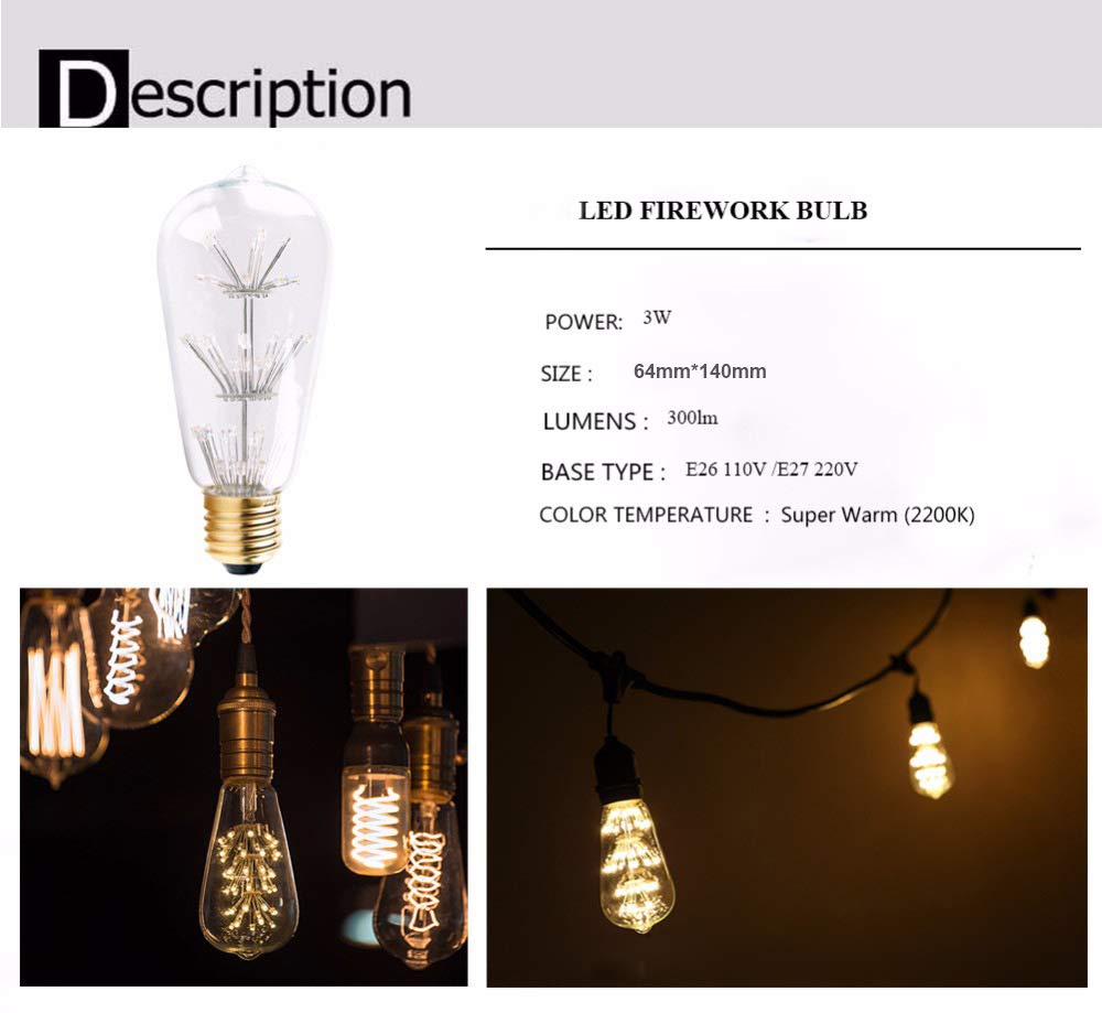 LED Edison Ampoule 3W ST64 Retro Edison Gypsophile Ampoule E27 LED Rétro Feu d'artifice Décorative ampoule 2200K 220V,5pcs