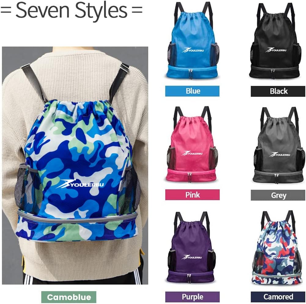 YOULERBU Dry Wet Drawstring Backpack Bag with Shoe Compartment Sackpack Heavy Duty String Bag Sports Gymsack Swim Beach Bag Camoblue