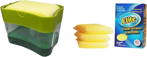 Elite Buddy Dispensador de jabón para platos y organizador de esponjas (verde hierba) con almohadilla de limpieza multiusos Elite 3 unidades