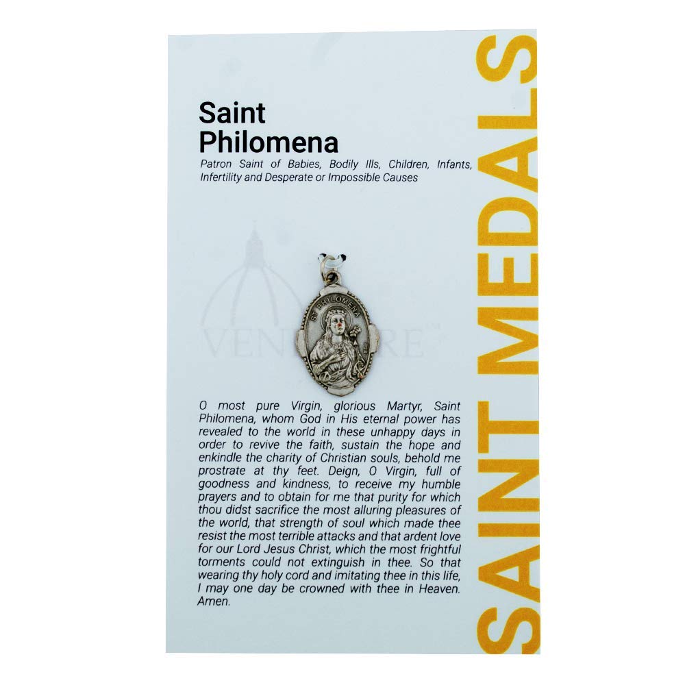 Venerare1" Saint Philomena Medal with Prayer Card | Durable and Detailed Charm | Pendant Medal Carded with Prayer | Christian Jewelry, Metal