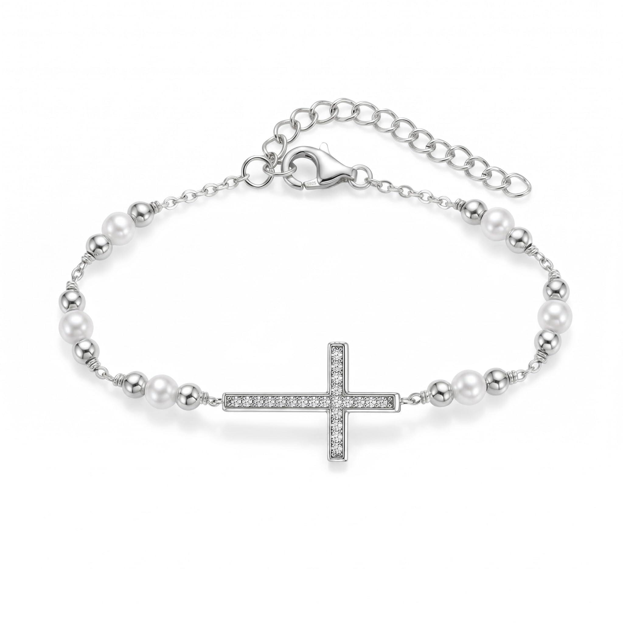 E Kreuz Armband Kinder Mädchen Silber 925 Perlen Taufarmband Verstellbare, Geburtstag Tauf Erstkommunion Konfirmation Geschenk für Mädchen Kinder