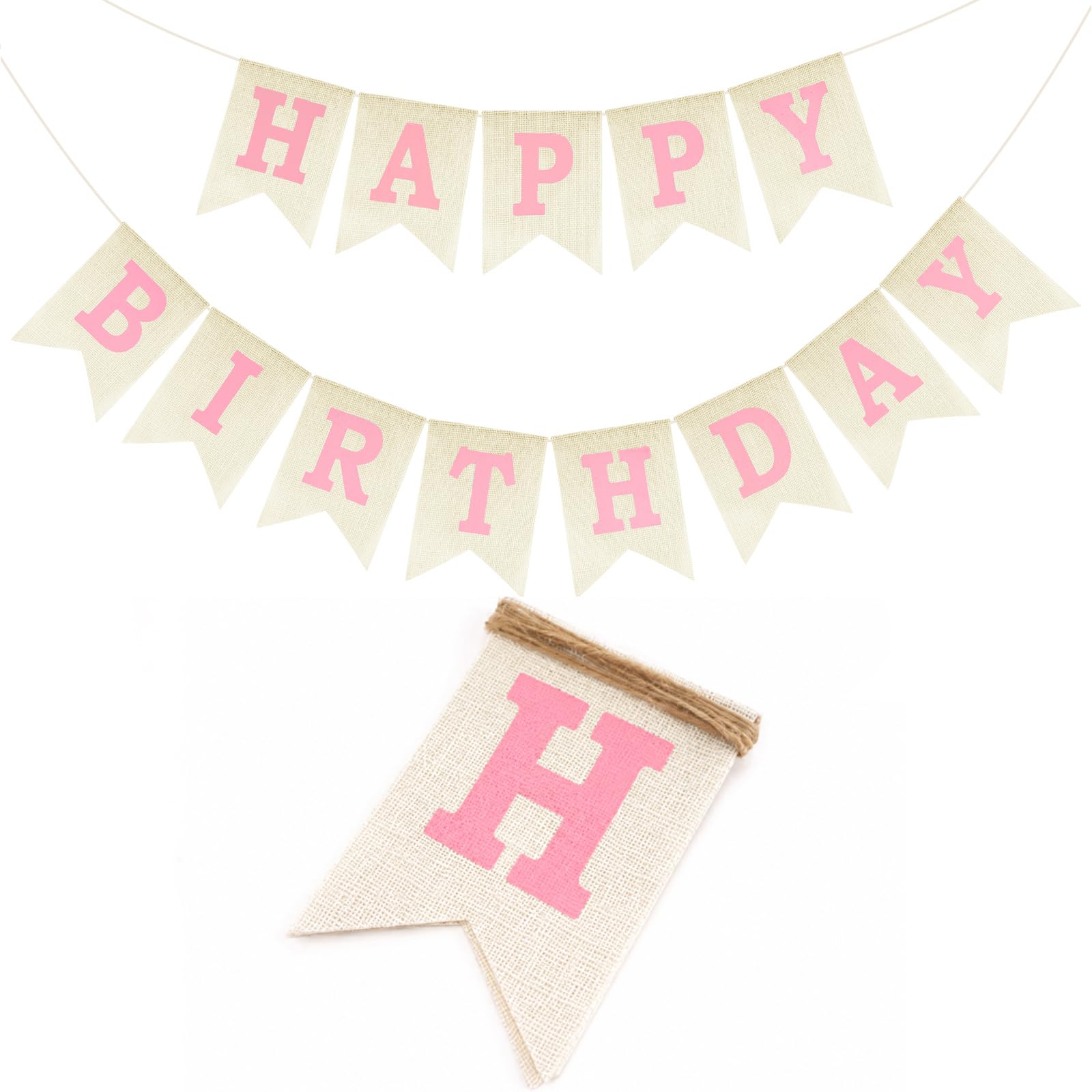 G2PLUS Pink Happy Birthday Bunting, Pre-Strung Hessian Birthday Banner for Boys, Men, Adults and Kids, Birthday Party Decoration