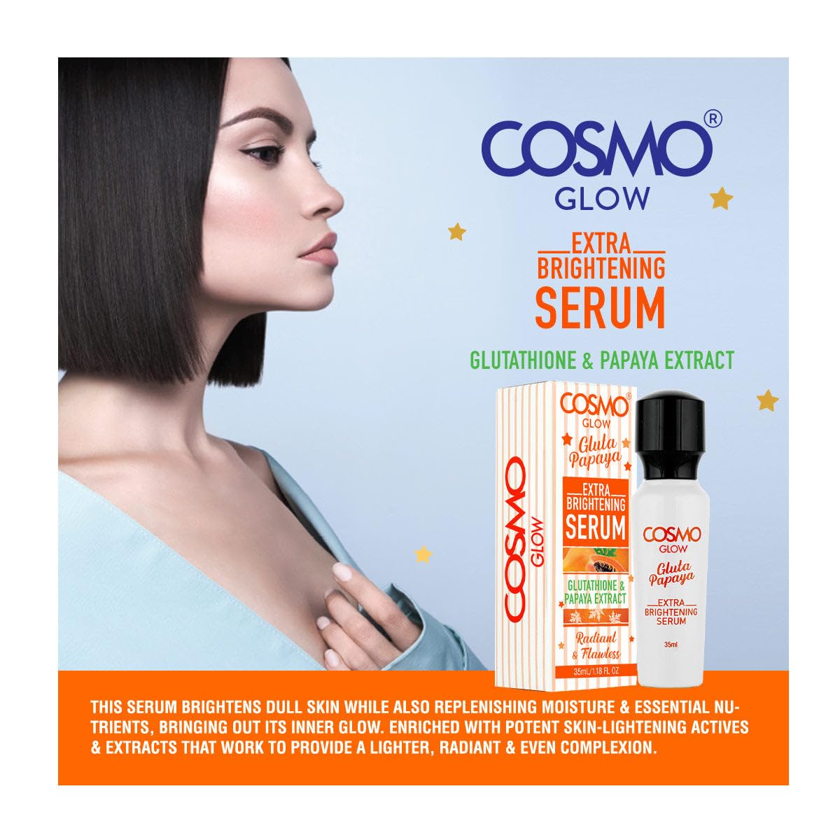 Cosmo Glow Skin Care Gluta Papaya Extra Brightening Serum 35ml/1.18 fl.oz, Glutathione & Papaya Extract, Radiant, Flawless, Non Greasy Formula, Skin Treatment, Face & Body Care, All Skin Types - Image 2