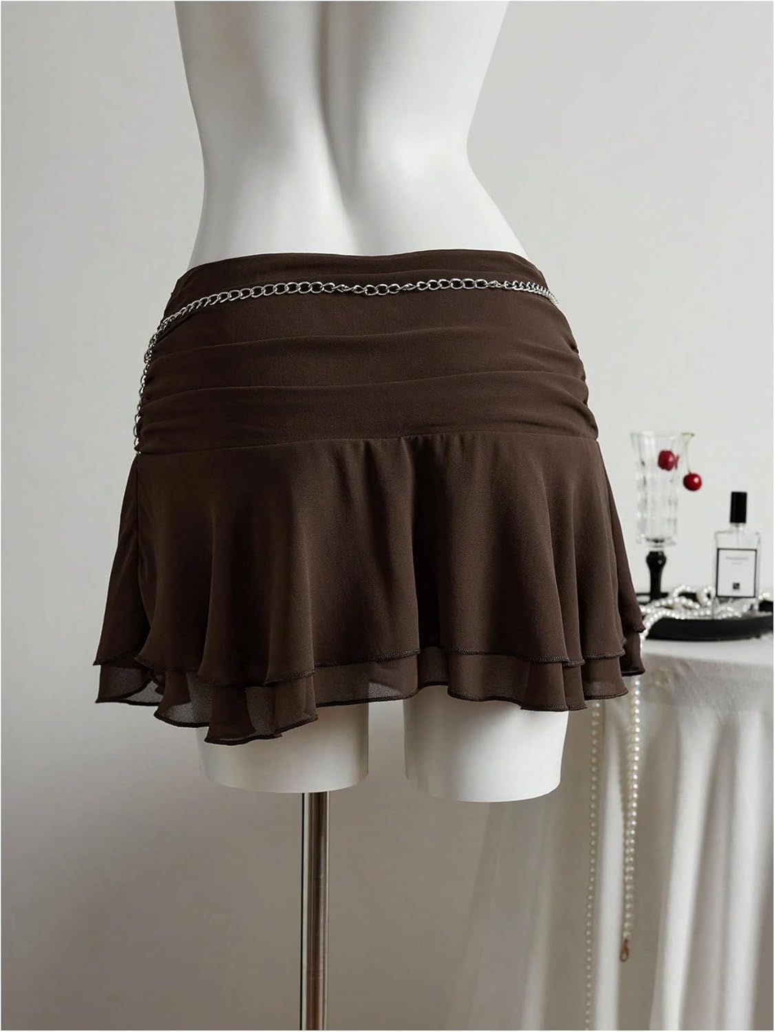 MakeMeChic Women's Fall Brown Mini Skirt Y2K Ruched A Line Ruffle Tiered Flared Hem Short Skirts - Image 2
