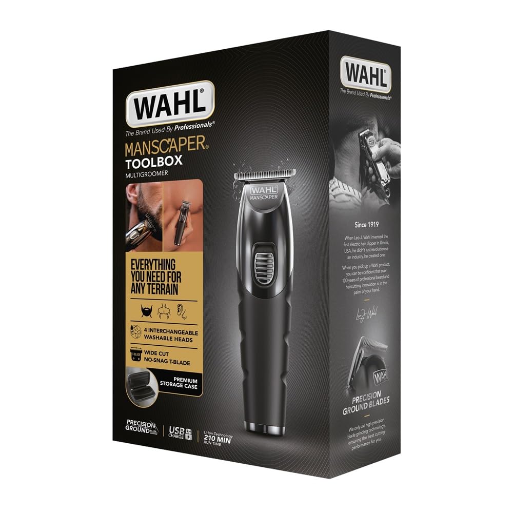 WAHL Manscaper Toolbox, multigroomer, regolabarba, tagliacapelli, alimentazione al litio, ricarica USB, pettini guida, ricaricabile, nero