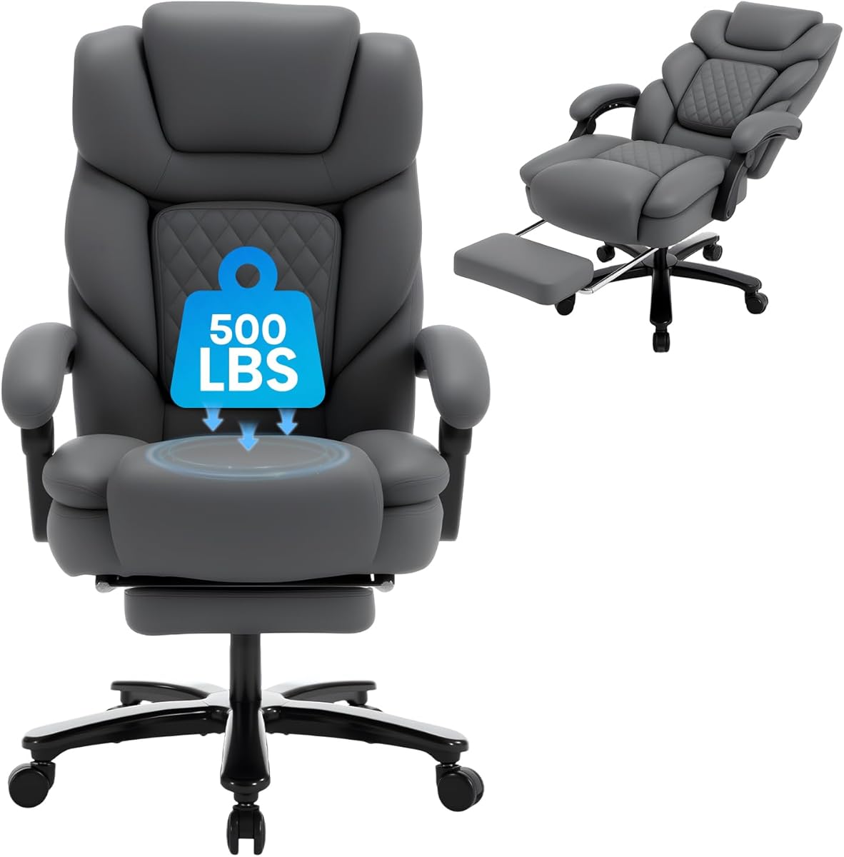 Heavy Duty Recliner Office Chair with Footrest, Wide Seat Big Tall Reclining Office Desk Chair for 500lbs Heavy People, Grey