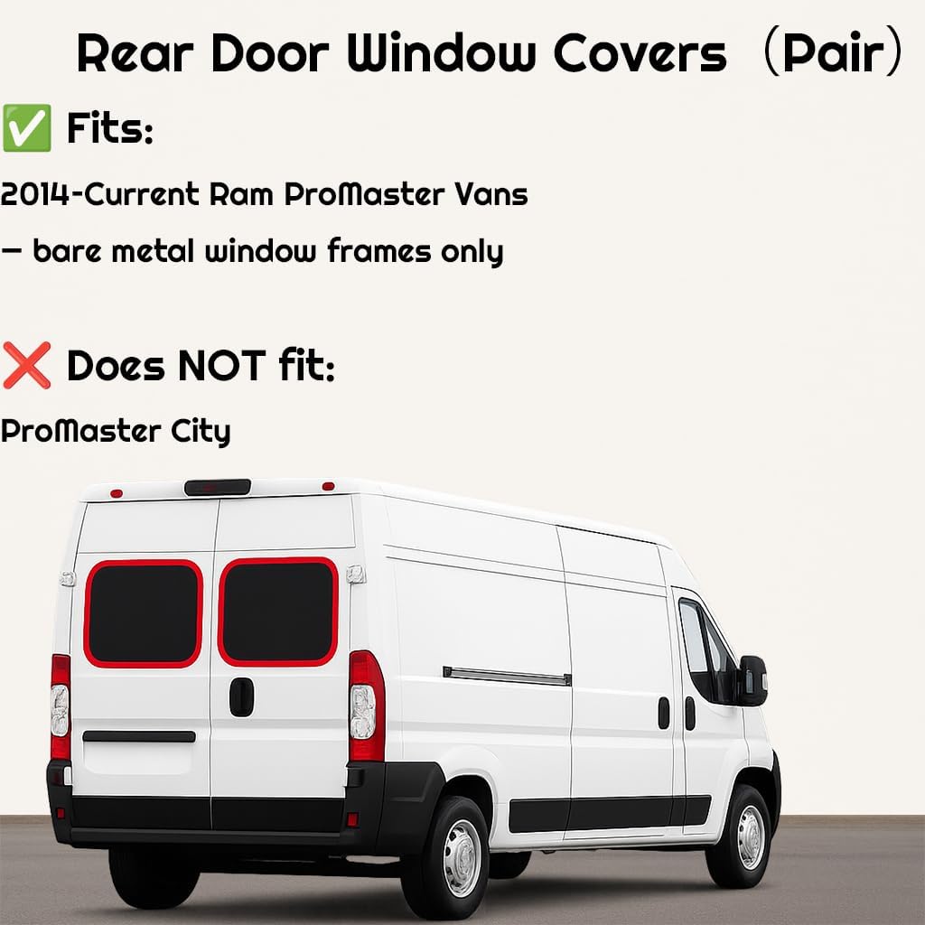 Magnetic Insulated Rear Door Window Covers (Pair) for 2014–2026 RAM ProMaster Vans (Fits Bare Metal Window Frames), Blackout Privacy Sun Shades for Stealth Camping – Dark Gray