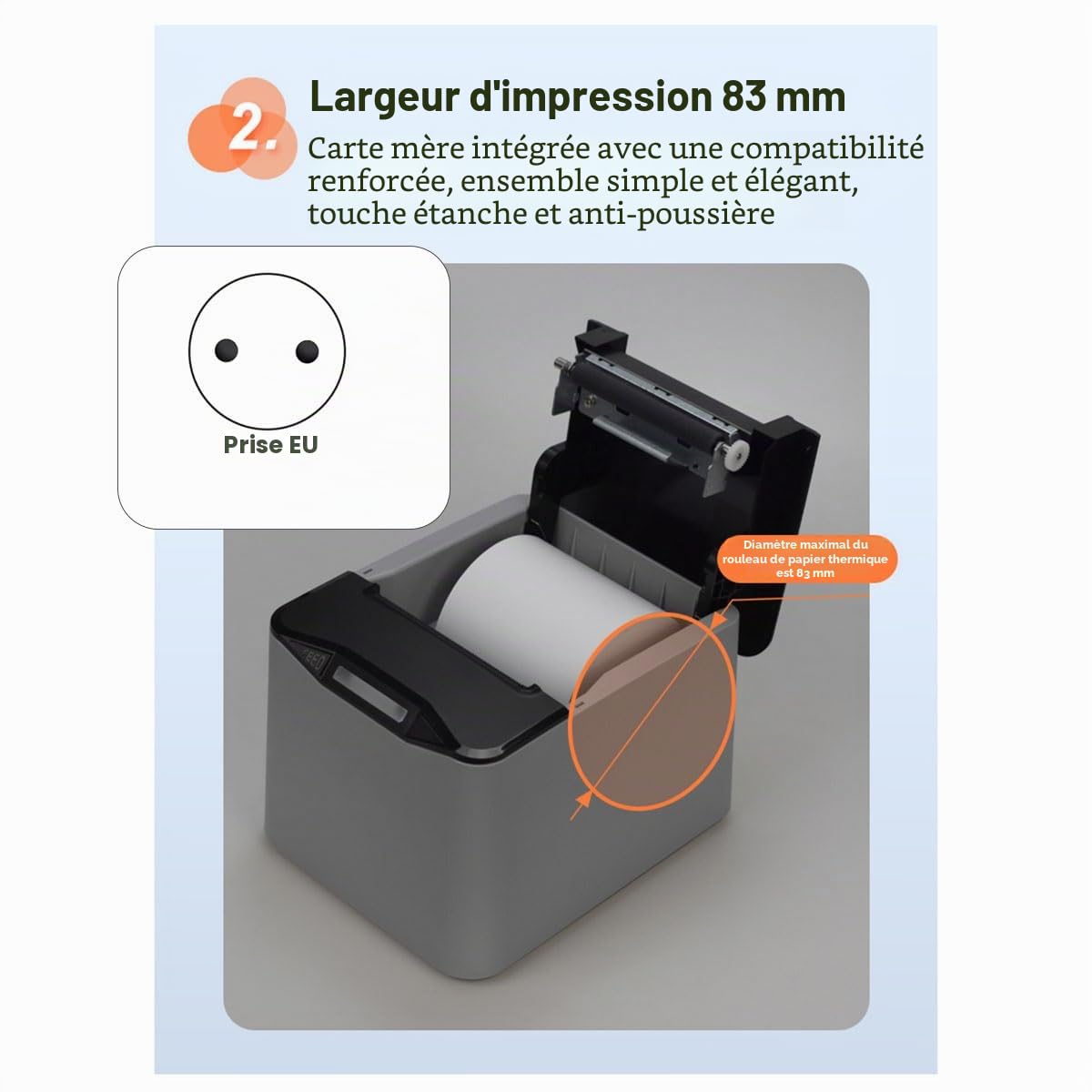 Imprimante thermique pour reçu 80 mm Cutter Automatique Restaurant Cuisine POS USB Série LAN WiFi Bluetooth Carte Bureau Prise UE Durable