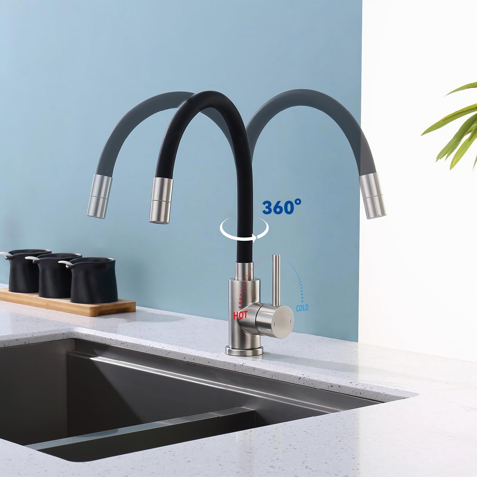 Robinet Cuisine Noir Acier Inoxydable Pivotant 360° 2 Jets Mitigeur Évier