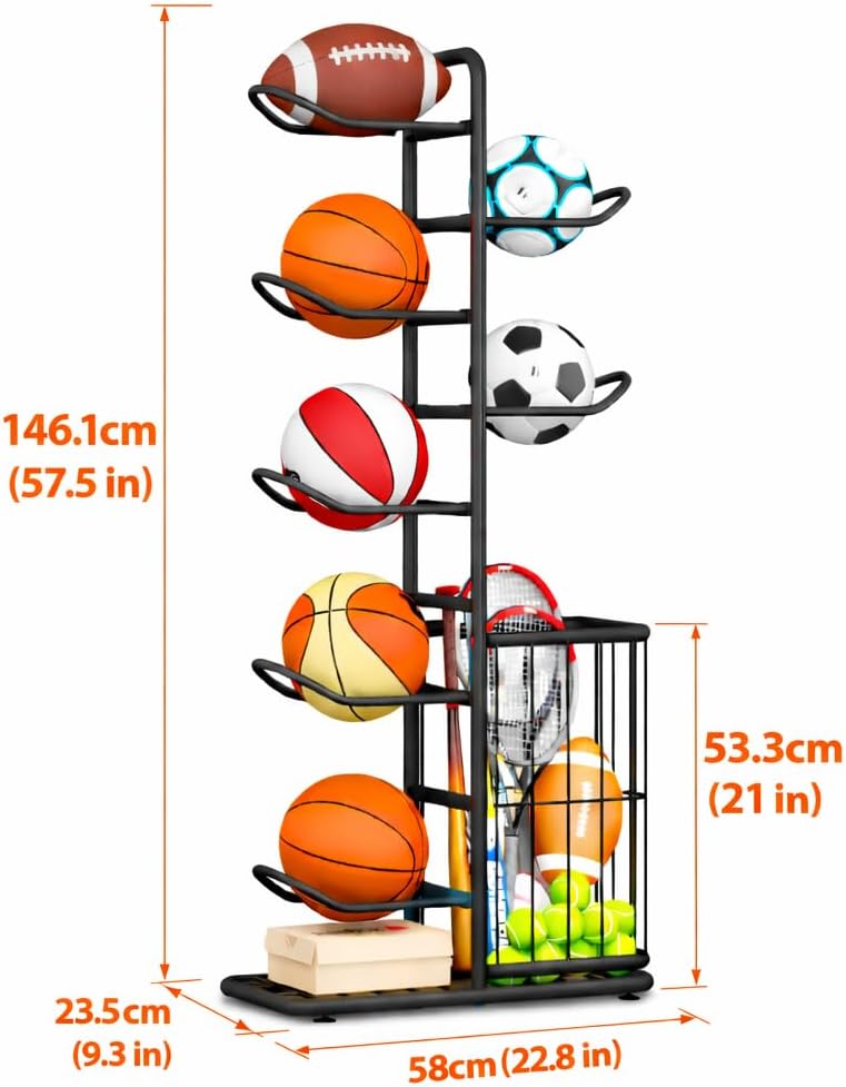 7-Ball Sports Equipment Storage Rack with Ball Holder, Ideal for Garage or Indoor Use - Organize Toys, Sports Gear and More, 57.5" (Black)