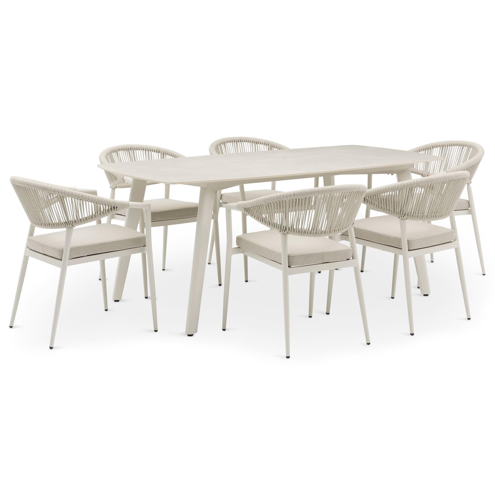 Gartenmöbel Set SELI Gartenmöbelset mit 1 Tisch und 6 Stühlen, Tischgröße 180 x 90 x 75, Cremeweiß – aus pulverbeschichtetem Aluminium mit robuster Keramik-Tischplatte, wetterfest mit Sitzkissen