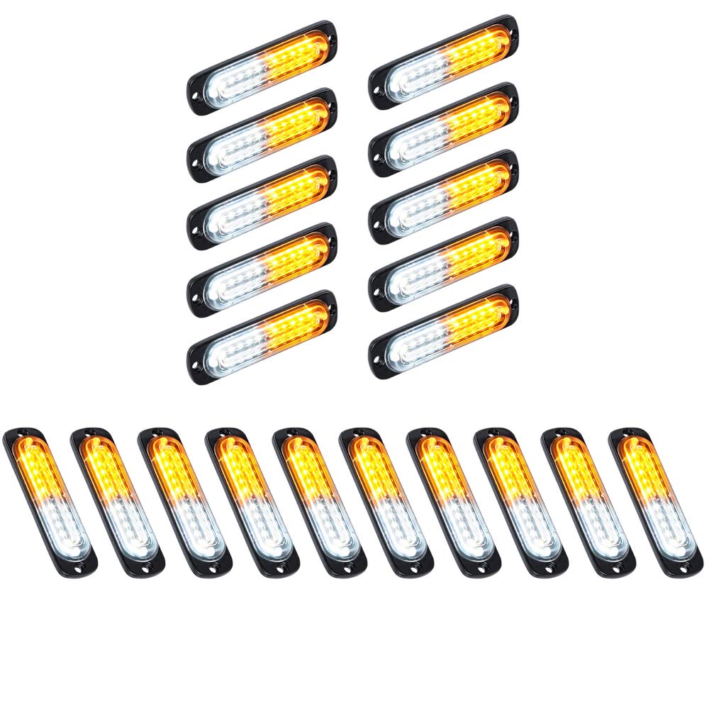 Universal Super Bright Car Truck Warning Hazard Caution Emergency Construction Beacon Flash Strobe Light Bar (10-LED, White Amber, 20Pcs)