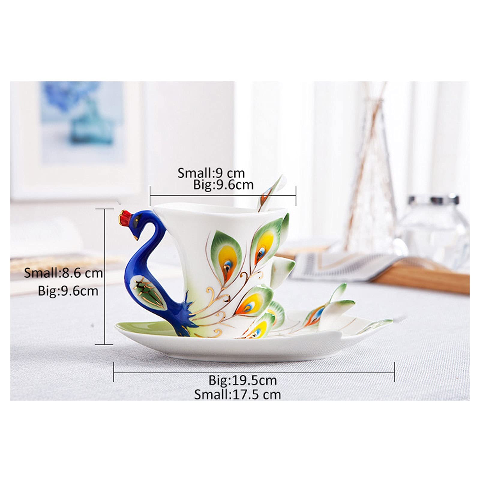 Kaffeetasse Kreative 3d handgefertigte Porzellan Email Peacock Kaffeetasse Set mit Untertasse und Löffel Keramik Tee Wasser Tasse Neuheit Geschenke (230ml) Teetasse ( Color : Blauw , Size : 230ml )
