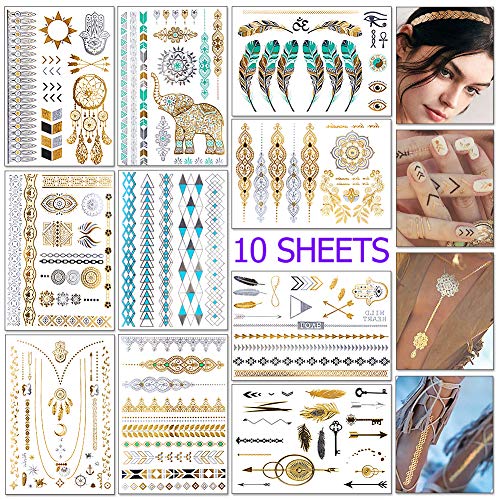 Tatuajes temporales metálicos 10 hojas Tatuajes impermeables con flash Tatuajes de joyas Más de 100 diseños Tatuajes del festival para adolescentes Mujer Body Art 148 × 210 mm Accesorios para fiestas