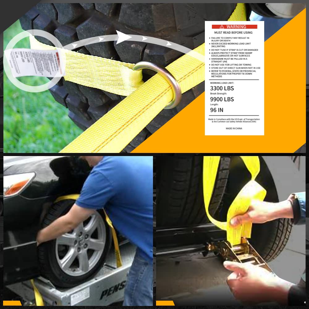 Amarre para coche con ganchos a presión, paquete de 4 unidades de 2 x 96 pulgadas con carga de trabajo segura de 3.3 libras, correas ajustables con ganchos a presión (amarillo)