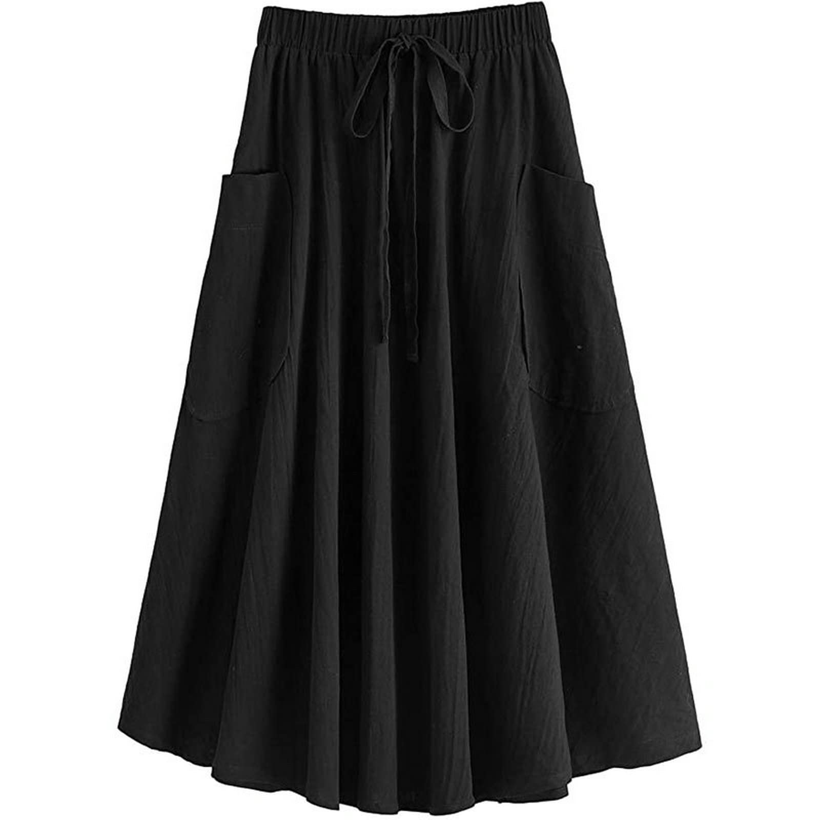 Raroauf Women's Casual Linen Skirt Elastic Waist A-Line Midi Skirts with Pockets