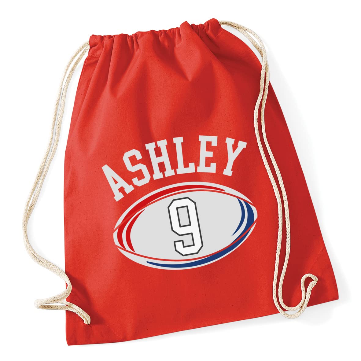 Hippowarehouse Personalised UK Rugby Ball Name with Number Drawstring Cotton School Gym Bag 37cm x 46cm, 12 litres