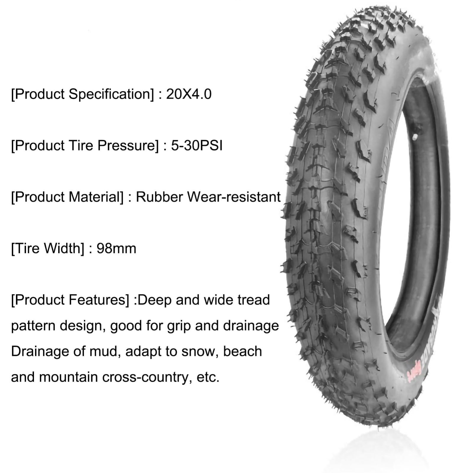 Bike Fat Tire 98-406/20x4,0 | 20 calowe grube opony opony terenowe opony do rowerów górskich | opona do roweru elektrycznego 20 x 4,0 z dętką | E Bike Fat Tires 20 x 10 cm, zestaw zamienny do grubych