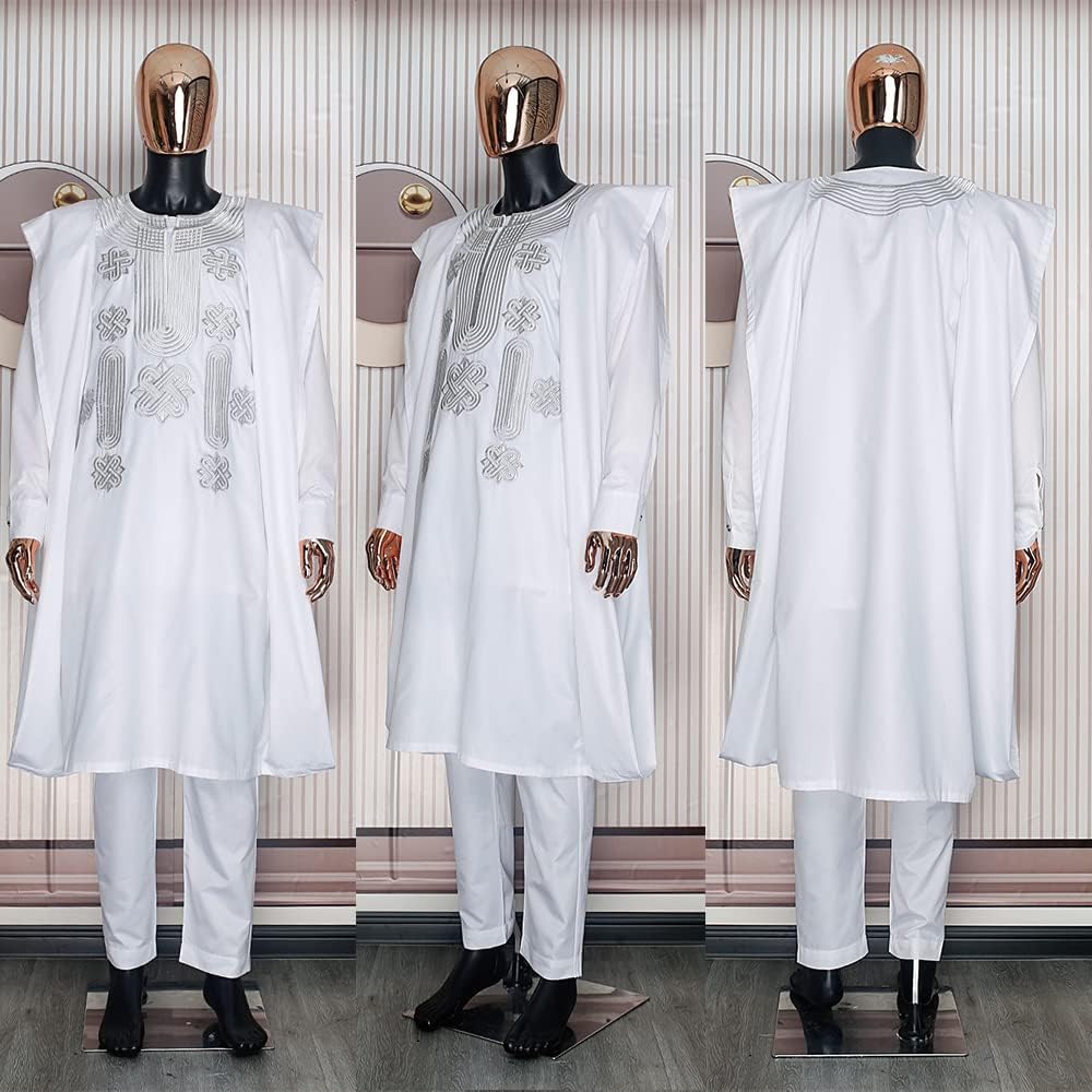 HD African Mens Apparel Agbada Clothing Embroidery Dashiki Shirts and Pants Outfits 3 Pieces