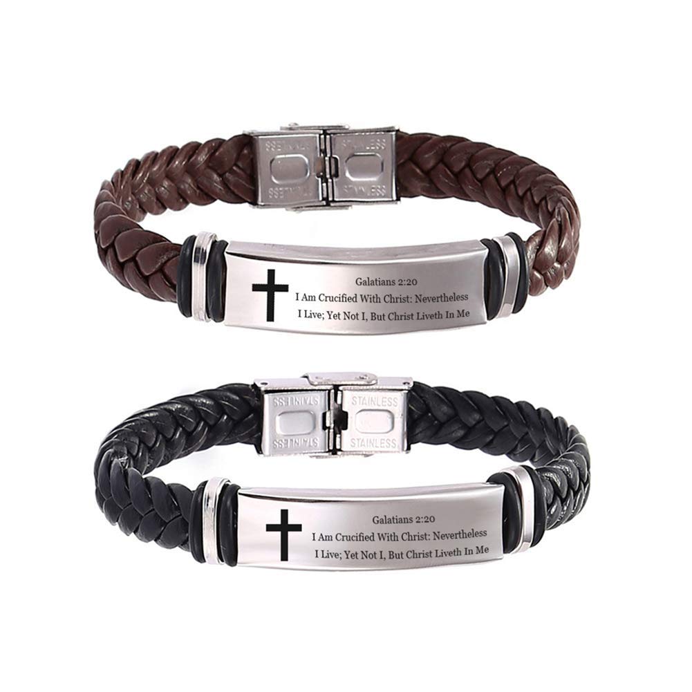 nobrand 2Pcs Galatians 2 20 Wristband Bible Verse Bracelet for Men Women,Stainless Steel Customize Leather Bible Quote Christian Scripture Bracelets Set Inspirational Jewelry Gift(Black+Brown)