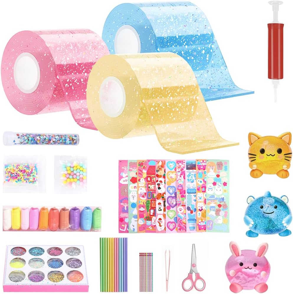 HASTHIP® DIY Glittering Tape Nano Tape Bubble Jelly Making Kit with 12-Color Clay, Color Beads, Straws, Stickers, Sprinkles Fillings, Mini Hand Pump, Scissors, Color Beaded Chains & More.