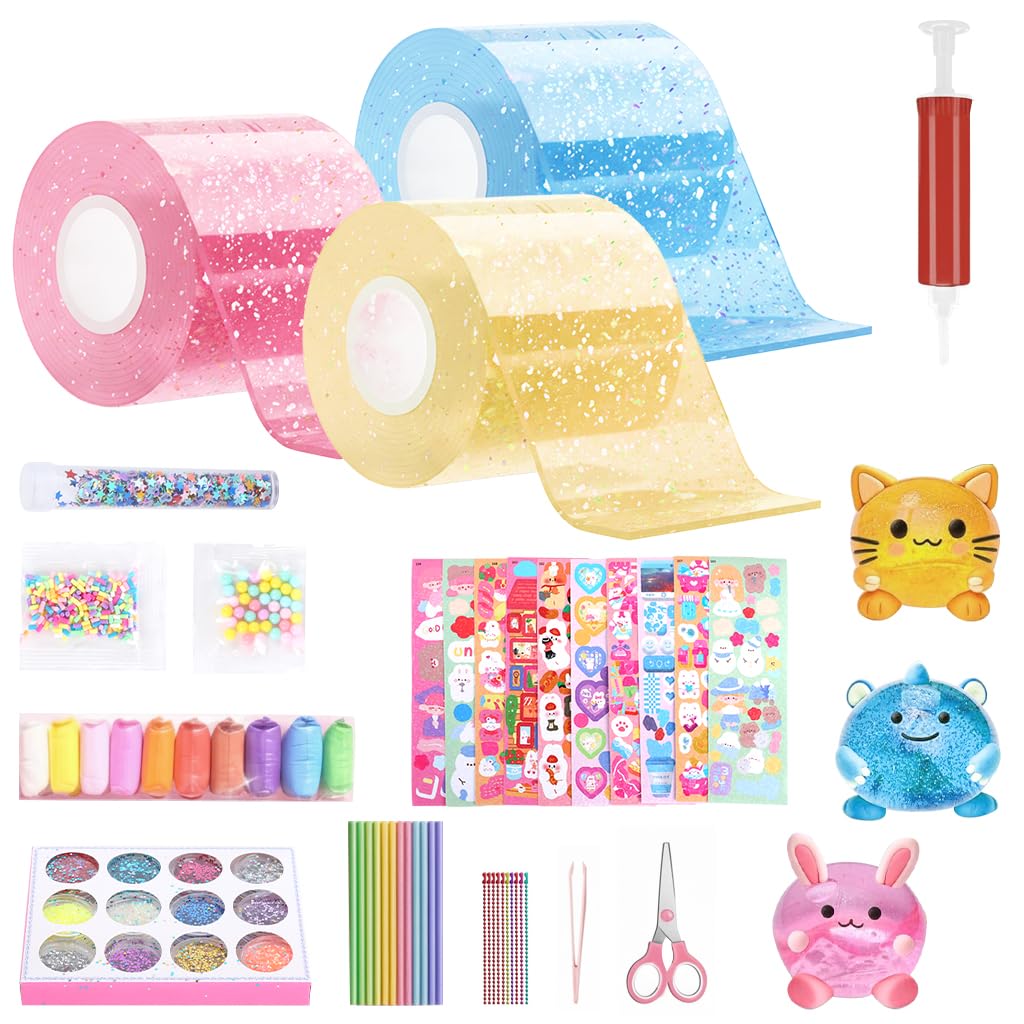 HASTHIP® DIY Glittering Tape Nano Tape Bubble Jelly Making Kit with 12-Color Clay, Color Beads, Straws, Stickers, Sprinkles Fillings, Mini Hand Pump, Scissors, Color Beaded Chains & More.-image-9