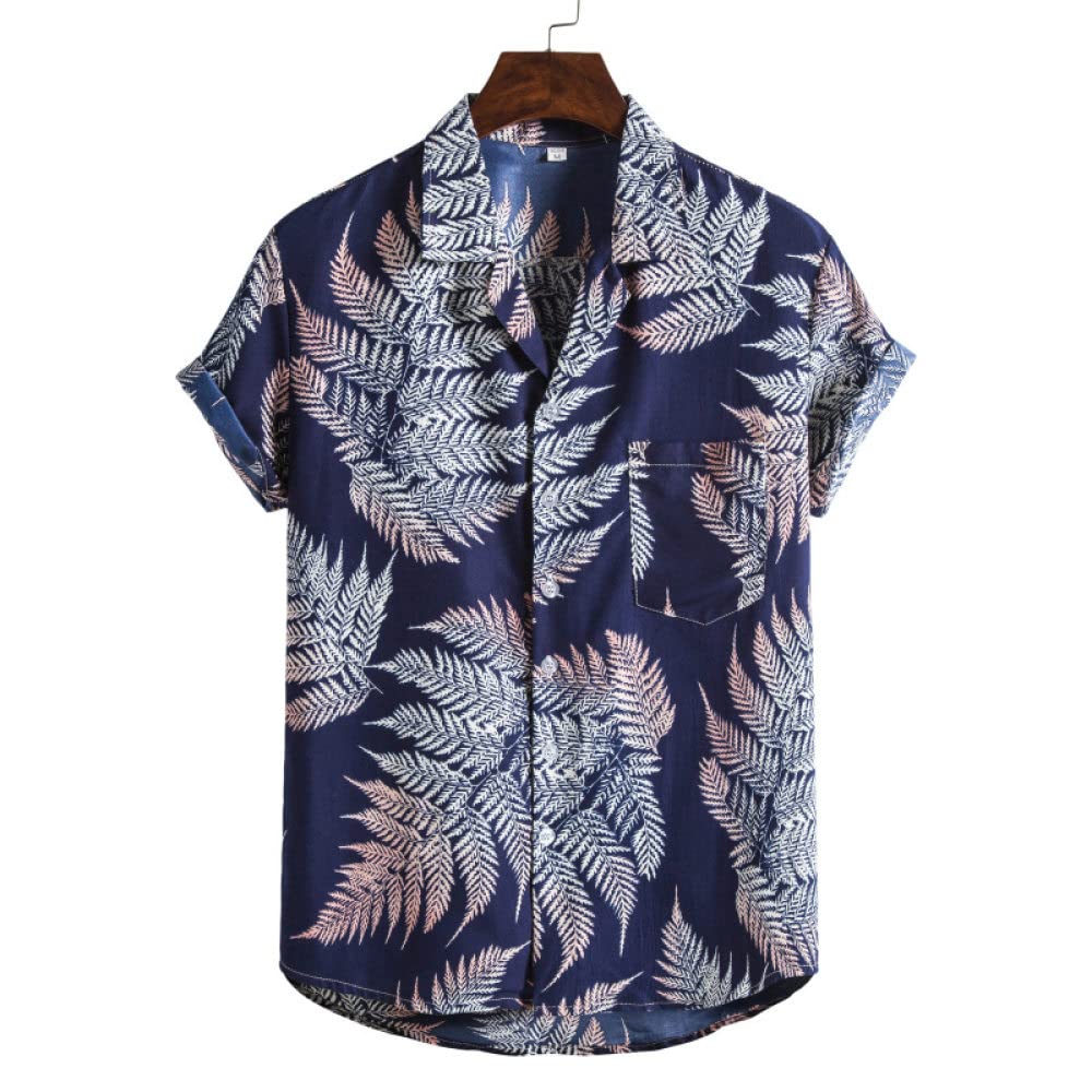 Camisa Hawaiana Hombre, Camisa Hawaiana Para Hombre Y Pantalones Cortos De Playa Hawaianos Conjunto Azul Marino Hojas De Plantas De Algodón Trajes De Hawaii Camisa De Playa De Manga Corta Casual Y