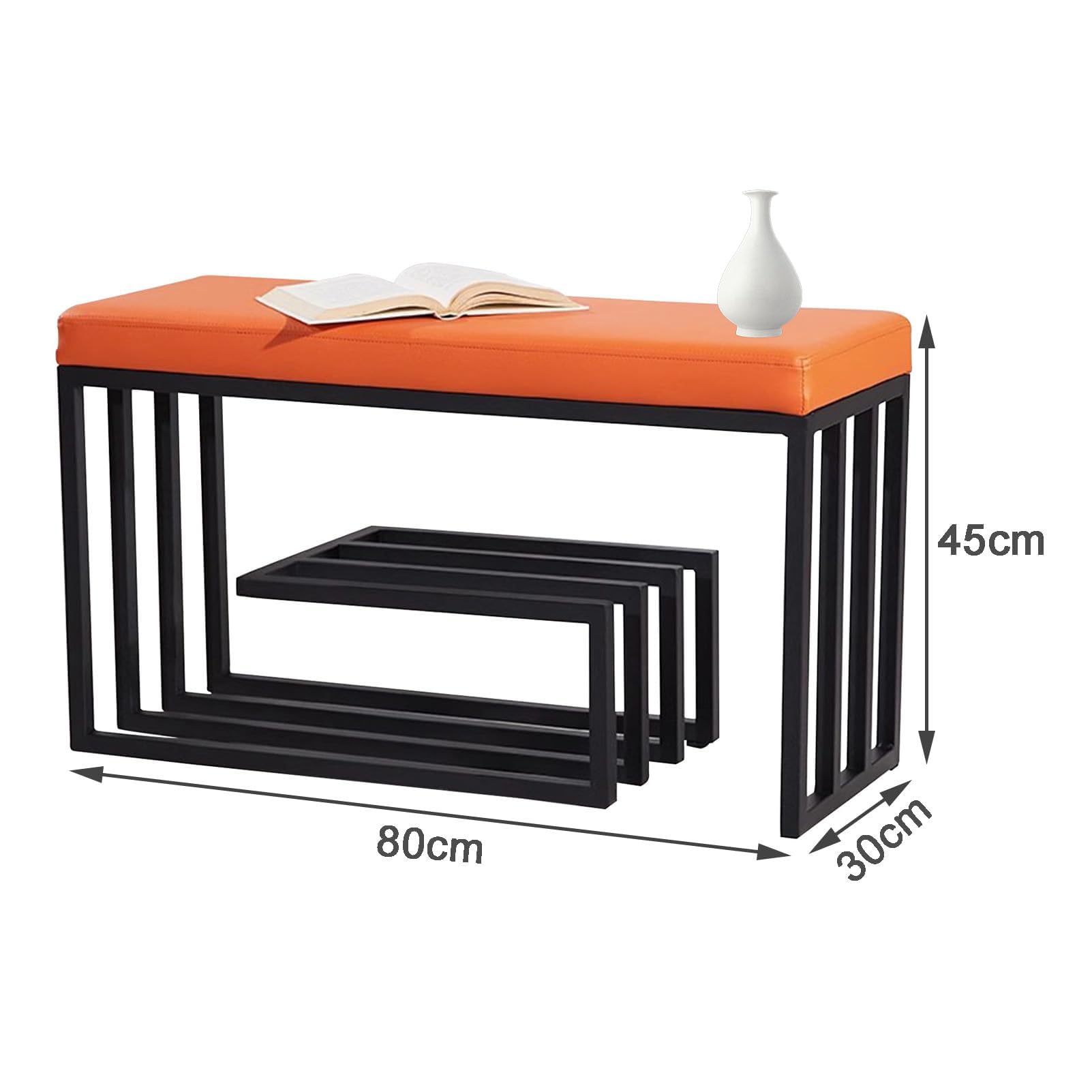Generisch Schuhbank mit Sitzfläche, 3 Ebenen Schuhablage, Metallgestell Schwarz, Gepolsterte Sitzfläche (Orange, 80x30x45cm)