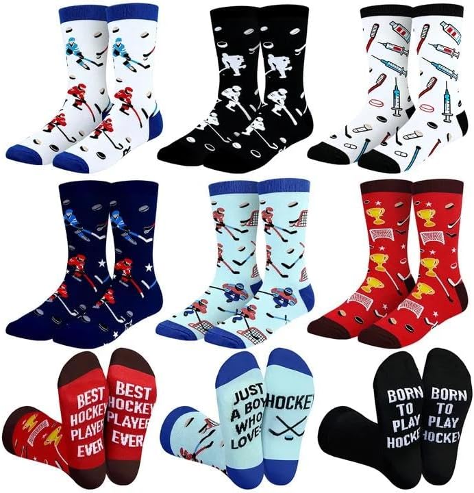 6 Pairs Funny Men's Hockey Socks Hockey Valentine Birthday Gifts for Women Men Novelty Cotton Athletic Crew Socks Winter Gifts