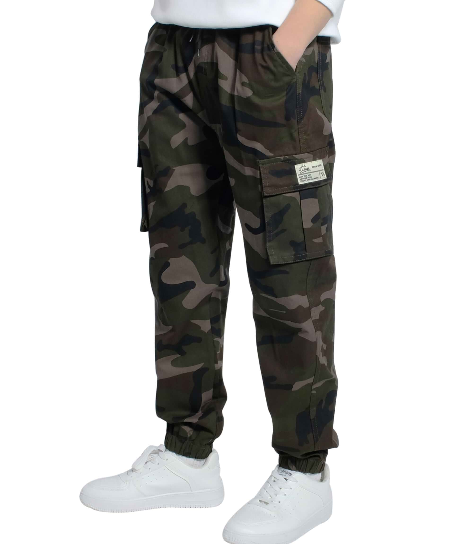 TLAENSON Boys Cargo Pants Cotton Elastic Waist Casual Jogger 6-16 Years Durable Cotton Twill, 6 Multiple Pockets, Camo and Solid Style, Elastic Waistband, Outdoor Activities, School & Casual Wear
