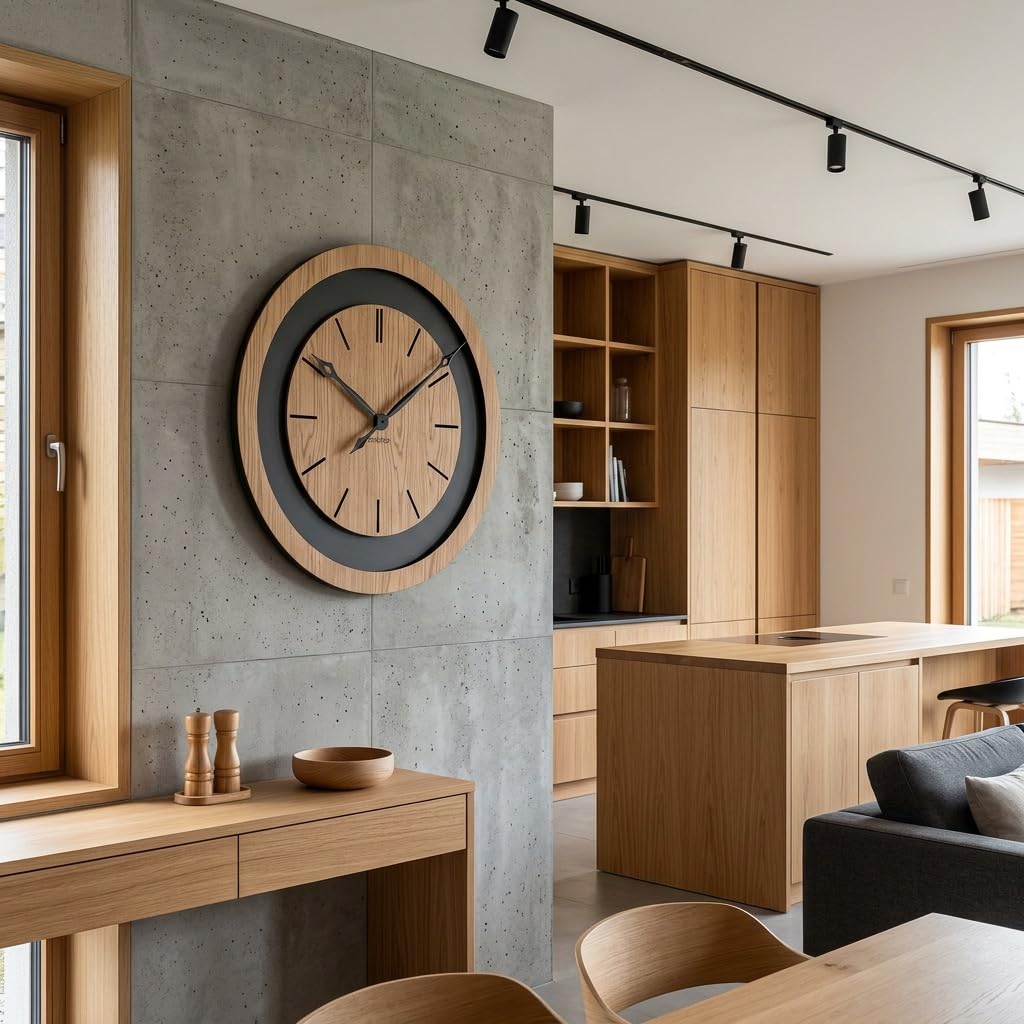 FLEXISTYLE Wanduhr groß XXL 75 cm aus Eiche – Große Designer-Wanduhr aus Naturholz & schwarzem MDF – Lautloses Uhrwerk ohne Ticken – Modernes Wohnaccessoire für Wohnzimmer, Loft & Büro