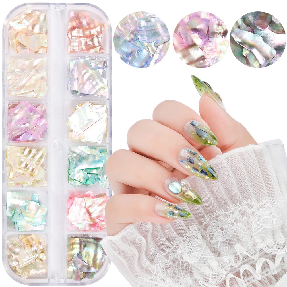 Colorful Irregular Abalone Pieces Nail Art Sequins 12 Colors Natural Glitter Nail Art Slices Flakes Decoration Design 3D Charm Nail Art Sequins UV Gel Flake Decorations for Women Girls