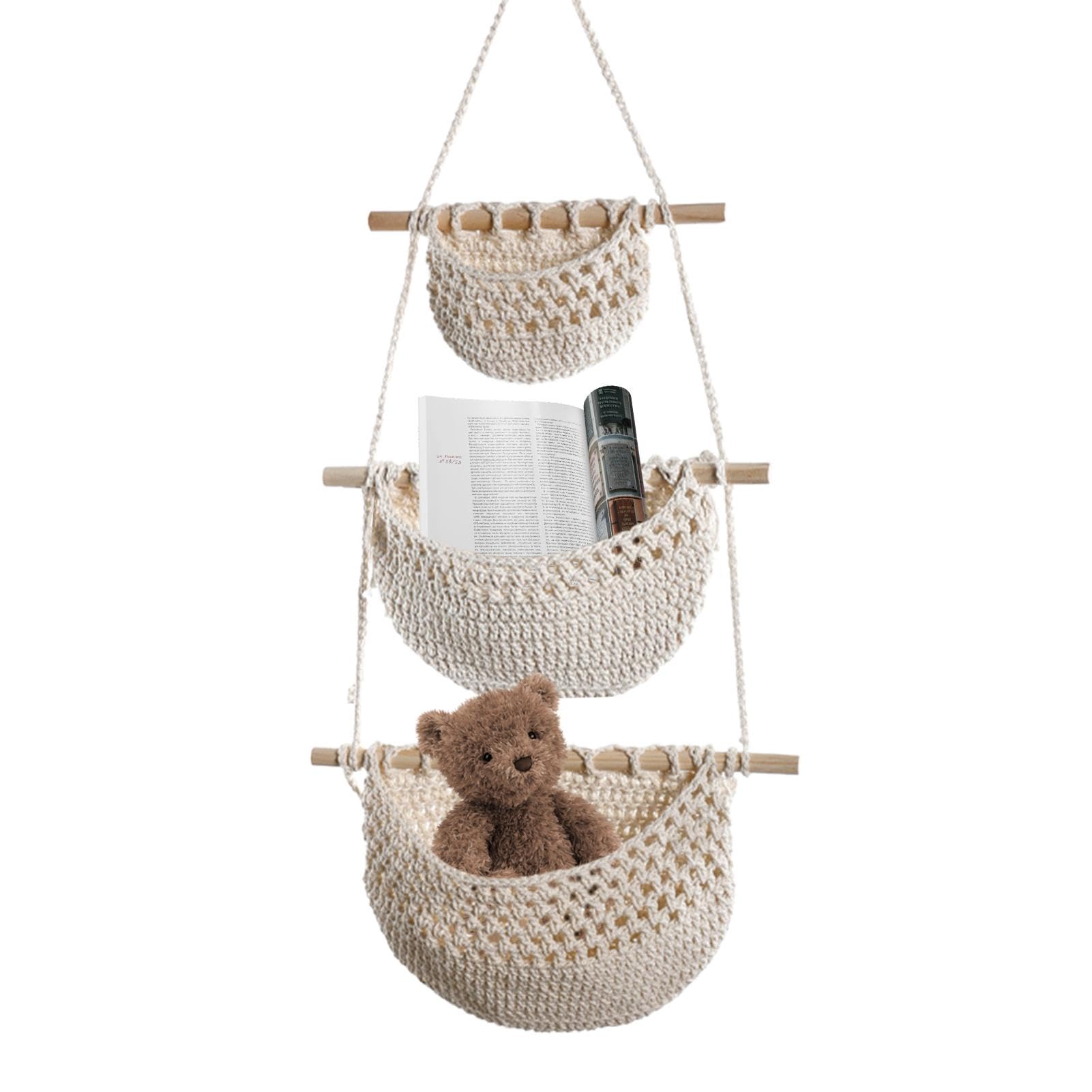 Zankie Wall Hanging Storage Baskets- 3-Tier Wall Mount Hanging Storage | Cotton Rope Storage Basket | Boho Wall Hanging Basket Back Of Door Storage For Kitchen, Living Room, Bedroom
