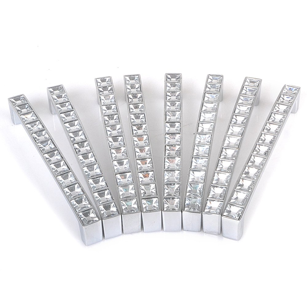Reelva Pack of 8 Europe Style Square Clear Crystal Rhinestone Furniture Door Wardrobe Cupboard Cabinet Drawer Pull Handle Knobs 128mm