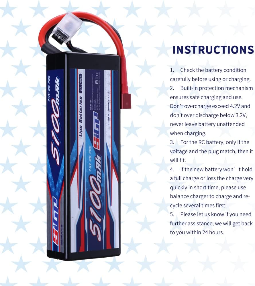 2S 7.4V Lipo Battery 5100mAh 70C Hard Case with T Plug for RC Car Truck Boat Vehicles Tank Buggy Racing Hobby
