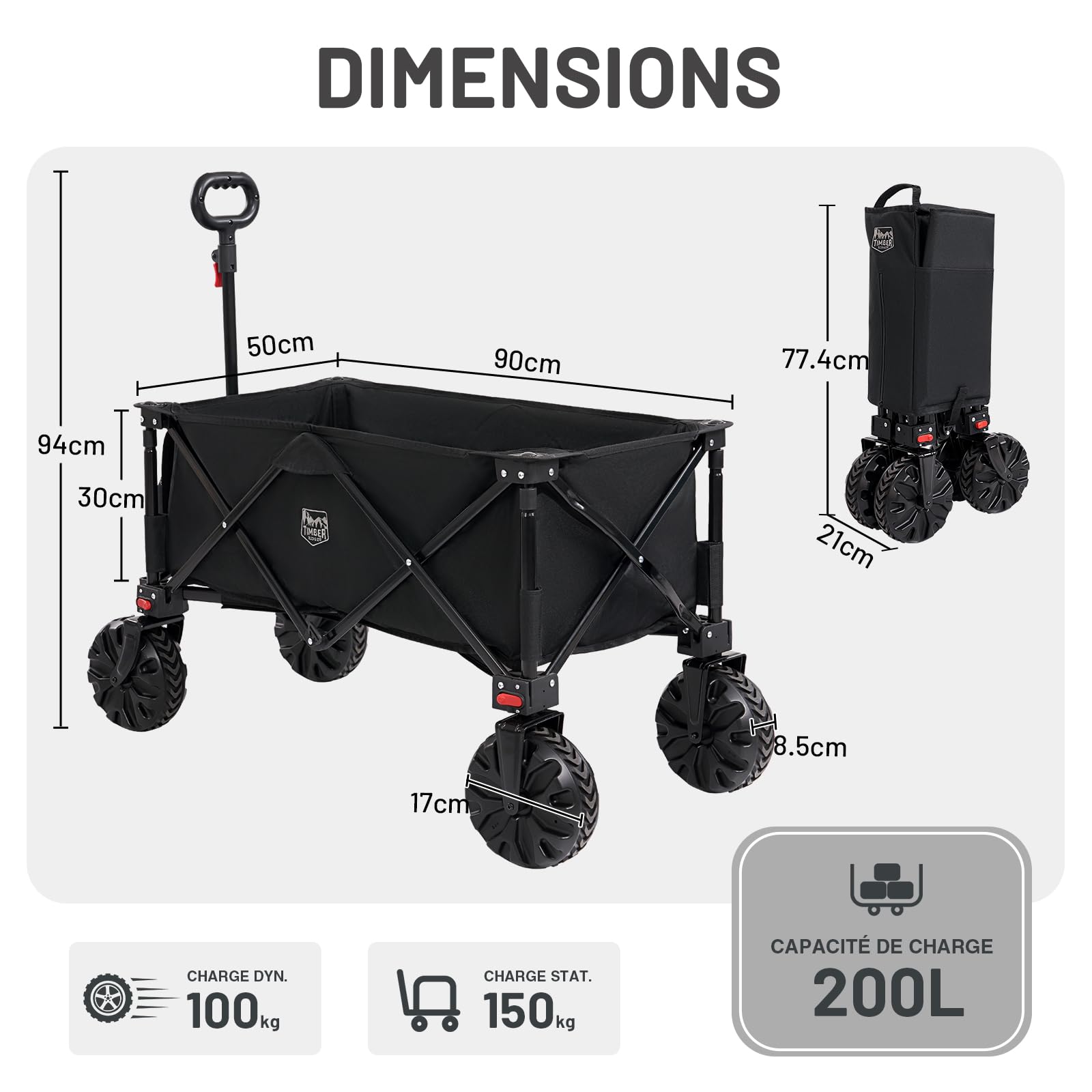 TIMBER RIDGE XXL Chariot de Transport Pliable avec Frein Chariot Plage à roulettes Tout Terrain Roues Amovibles Poignée Réglable Poche Latérale pour Jardin Plage Camping Pique-Nique BBQ Match