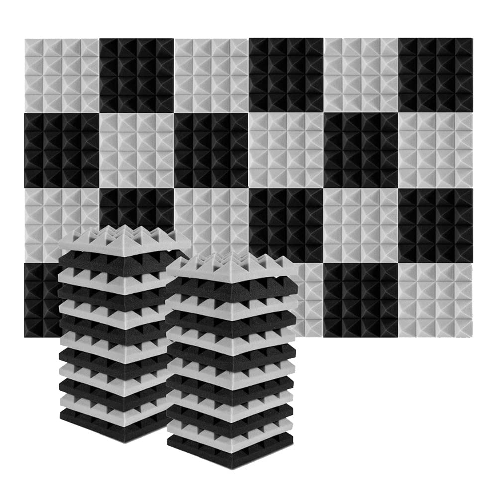 Kqcibz 24Pcs 25X25X5Cm Studio Acoustic Soundproof Foam Pyramid Noise Insulation Sound Absorption Treatment Panels Black+Gray