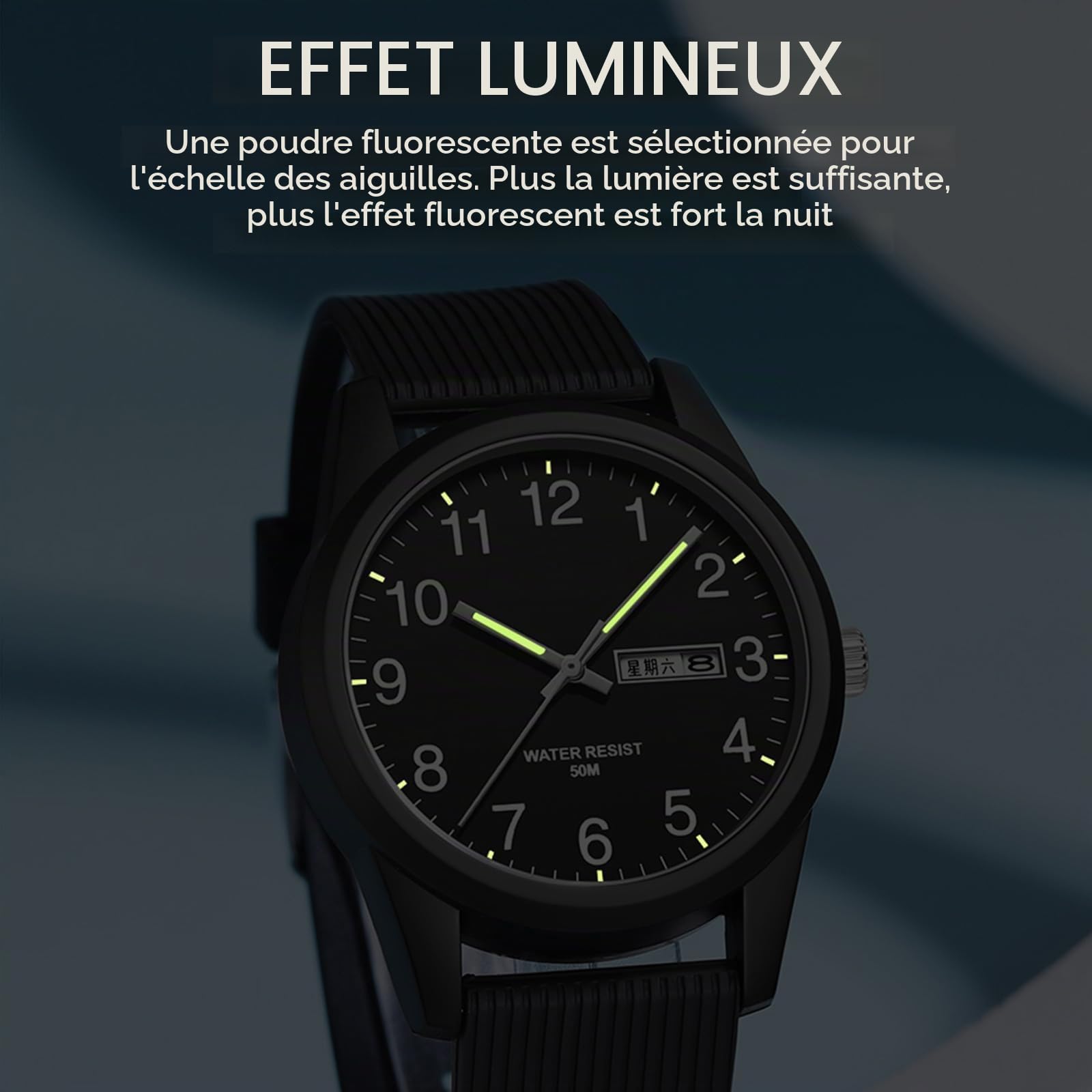 findtime Montre analogique à quartz pour homme et femme - Étanche jusqu'à 50 m - Bracelet en silicone - Montre décontractée pour adolescents - Avec date, jour de la semaine, aiguilles lumineuses