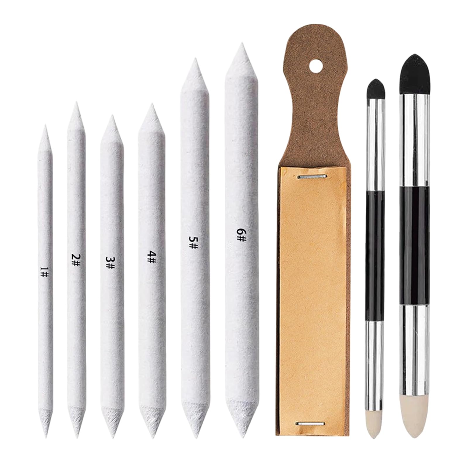 Blending Stumps 9pcs, Artist Blending Tools Kit with Tortillions, Sponge Pens & Sandpaper Sharpener, Washable Reusable for Charcoal Sketch Drawing