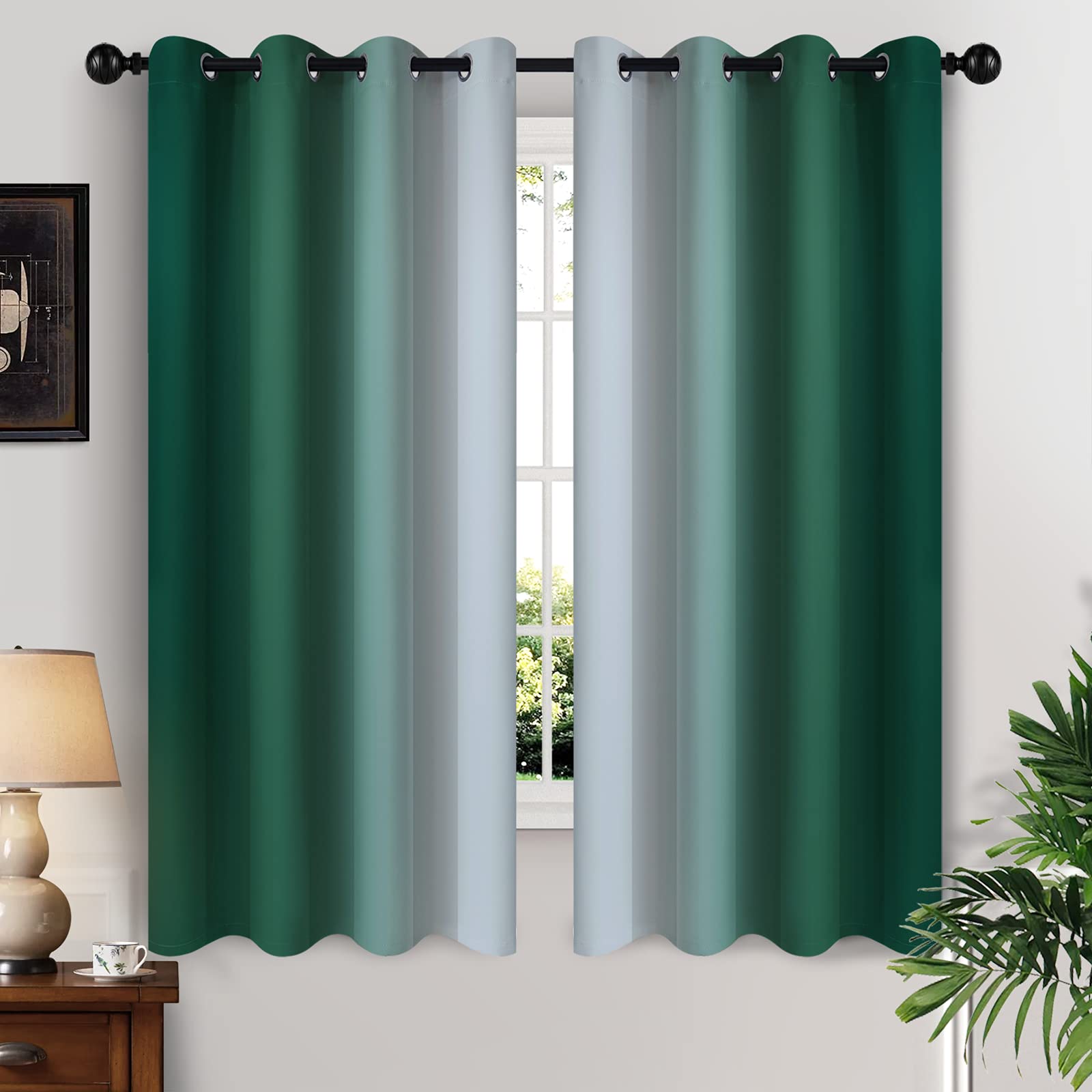 Yakamok Dark Green Ombre Curtains 63 Inches Long, Light Blocking Gradient Color Curtain Panels, Room Darkening Grommet Window Drapes for Bedroom(52x63 Inch, 2 Panels)