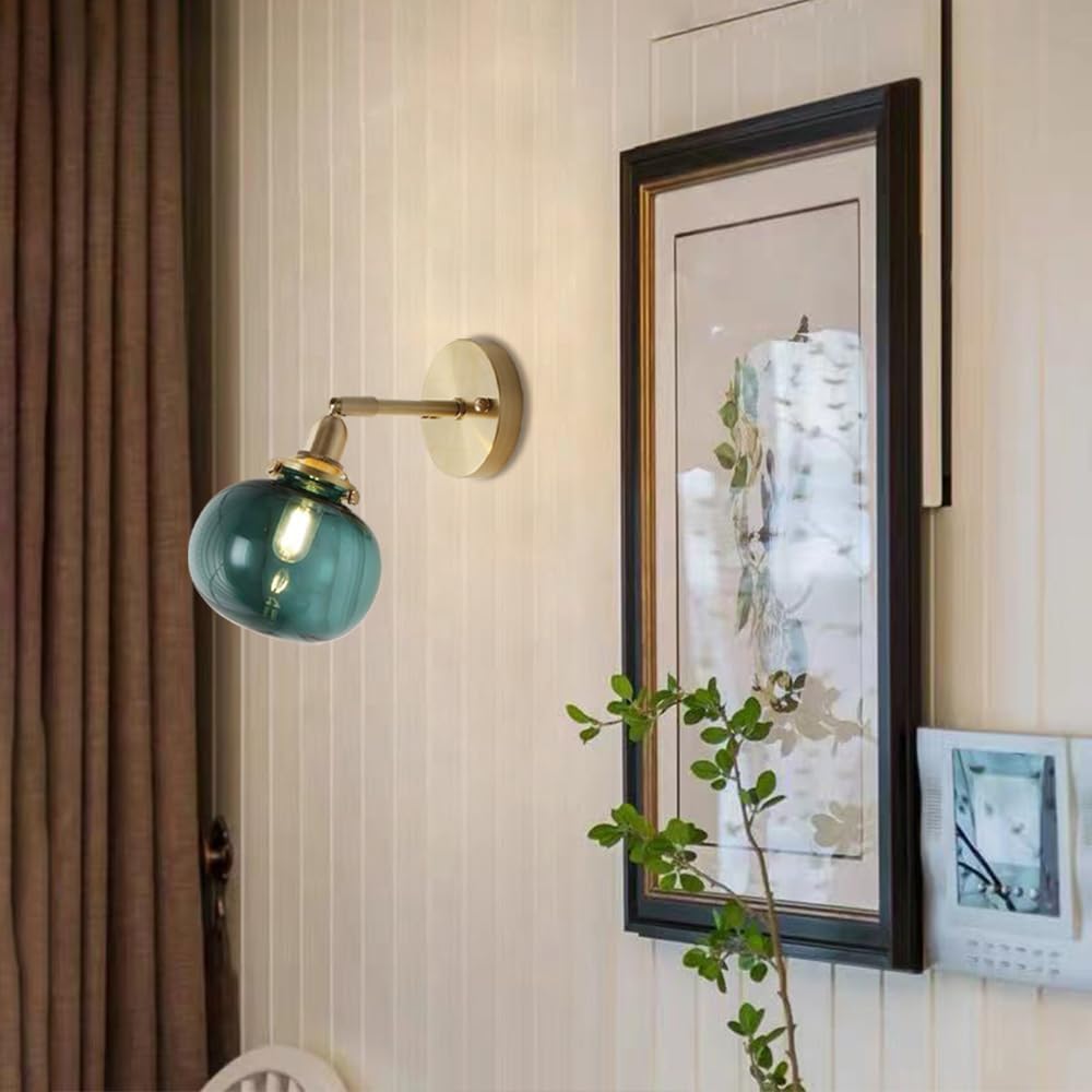 Home Decoration Mid Century Modern Copper Wall Sconce White Frosted Glass Farmhouse Bedroom Wall Mounted Light with Pull Switch Green Ribbed Glass Ball Bedside Wall Lamp for Living Room