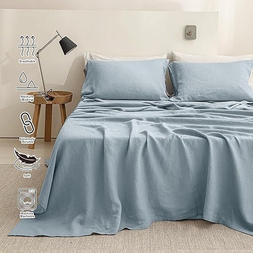 Miniatura 8 de Simple&Opulence - Juego de sábanas de lino 100% lavado, estilo básico, 4 piezas (1 sábana encimera y 1 sábana bajera y 2 fundas de almohada), lino