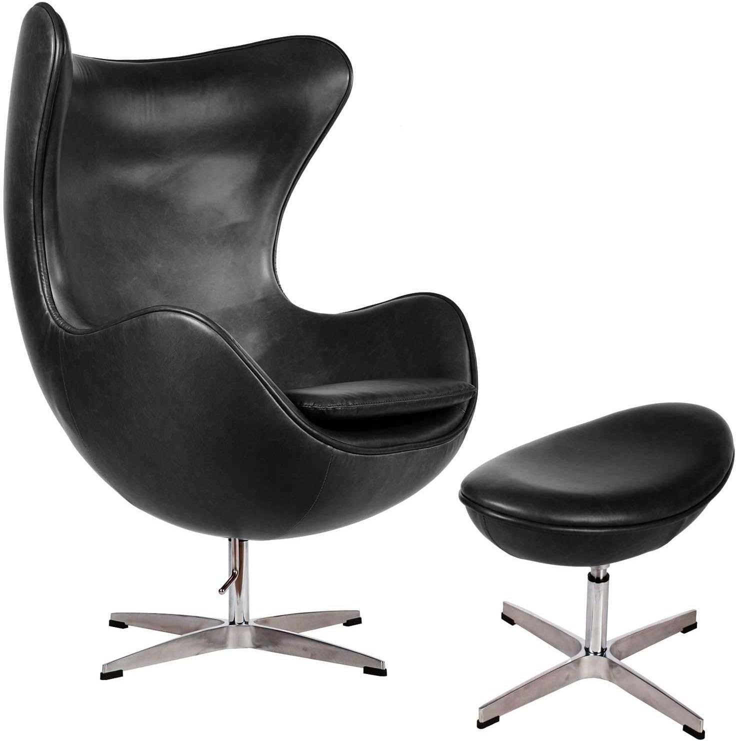 Mid Century Modern Classic Arne Jacobsen Style Egg Replica Lounge Chair with Premium Vintage Black Leather Fiberglass Inner Shell and Polished Aluminium Frame with Matching Ottoman