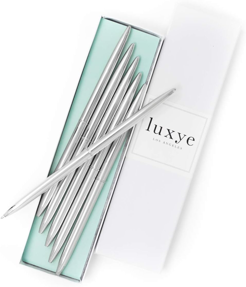 Gold Pens 6 Piece Pen Set – Luxury Ballpoint Pens in Glossy White Gift Box – Professional Thank You Gift Ideas – Gold Office Supply Gifts for Woman (Silver/Blue Ink)