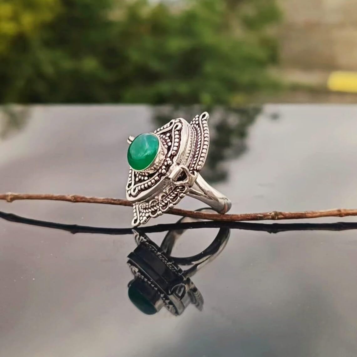 Vintage Poison Ring|Natural Green Onyx,Poison Ring|Secret Compartment| Boho Hippie|925 Sterling Silver Plated| Halloween Day Gift, Pill Ring