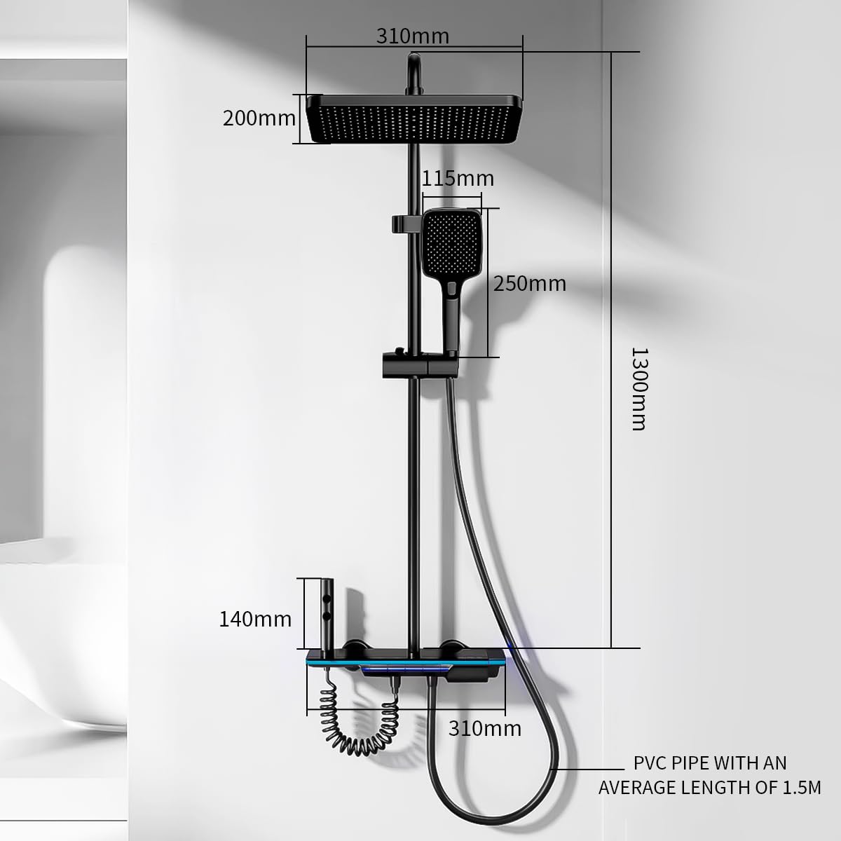 Deszczownica z armaturą, system prysznicowy z deszczownicą 30 x 20 cm, prysznic ręczny, ukryty wlot wanny, cyfrowy wyświetlacz LED, regulowana wysokość i pistolet prysznicowy do łazienki