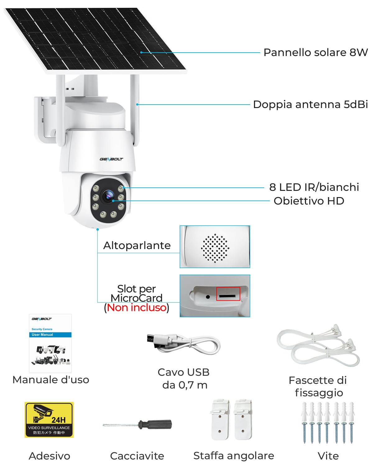 GENBOLT 2K AOV Solare Telecamera Wi-Fi Esterno Senza Fili | Registrazione 24/7 PTZ Videocamera Sorveglianza, Rilevamento AI a 90 piedi, 2,4/5GHz, 8W 10400mAh, Audio Bidirezionale, IP66