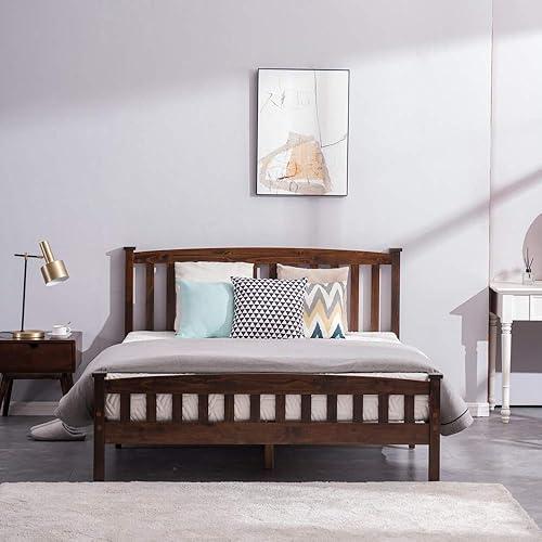 Miniatura 4 de Marco de cama de madera tamaño matrimonial, cama de plataforma de madera dura con cabecero y estribo, no necesita somier, fácil montaje, nogal
