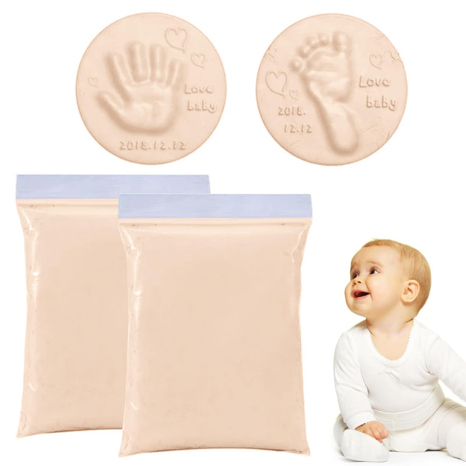 Kit de 2 piezas para niños, huellas, arcilla, kit de huellas de bebé, huellas, manos y pies, de arcilla suave para niño, con almohadilla de tinta, arcilla suave, regalo de bautizo (color carne)