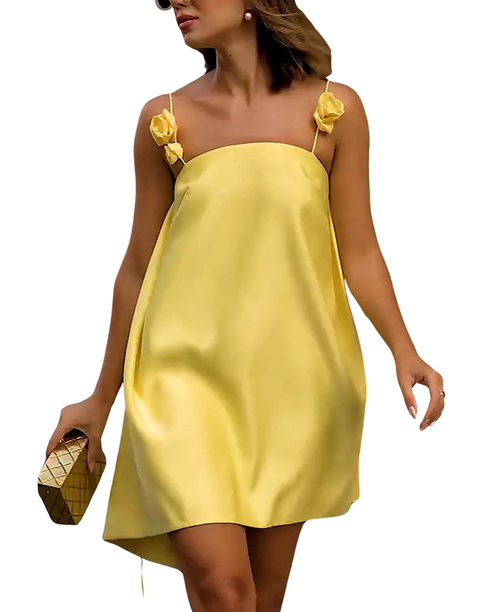 BAIMORE Women's Satin 3D Flower Spaghetti Strap High Low Hem Loose Holiday Mini Dress